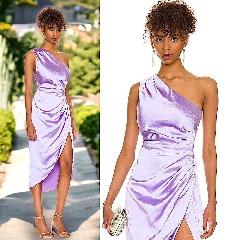 NWT ELLIATT 70s Satin Sleeveless 1 Shoulder Ruched Faux Wrap Asymmetric Dress L